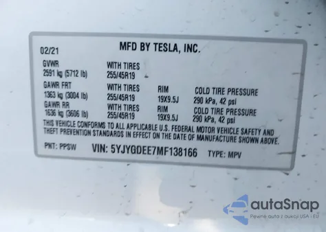 2021 Tesla Model Y Long Range Dual Motor All-Wheel Drive from USA, damaged, VIN 5YJYGDEE7MF138166